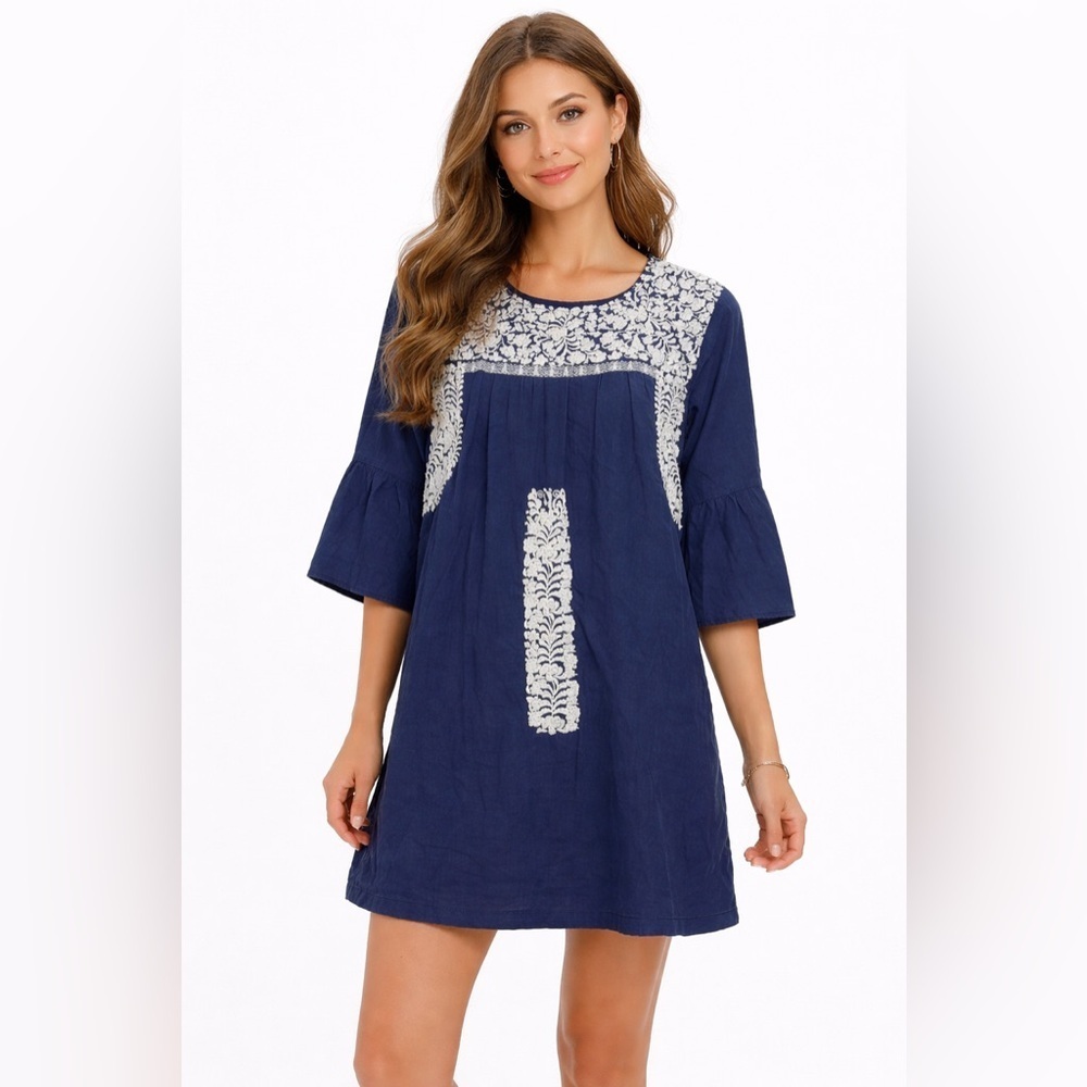 J. Marie Blue Embroidered Tunic Mini Dress